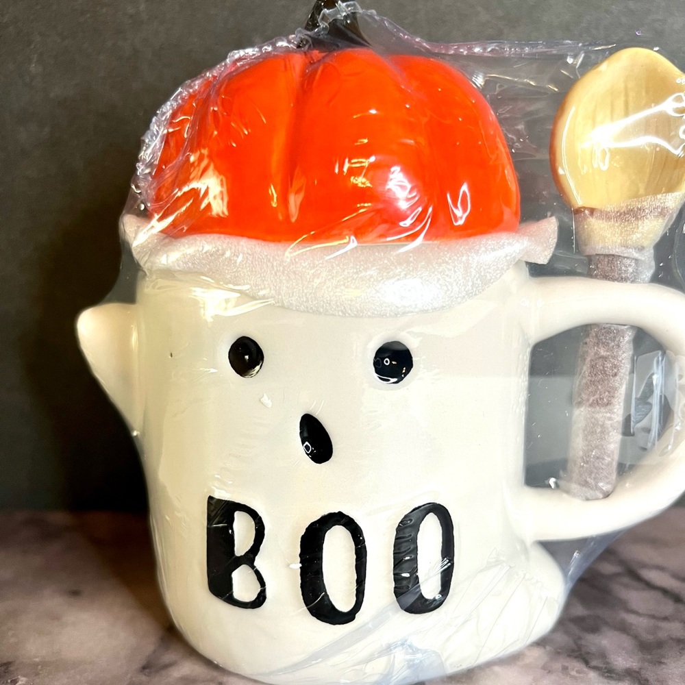 Halloween Ceramic Boo Ghost Mug with Pumpkin Topper Lid + Witch Broom Spoon